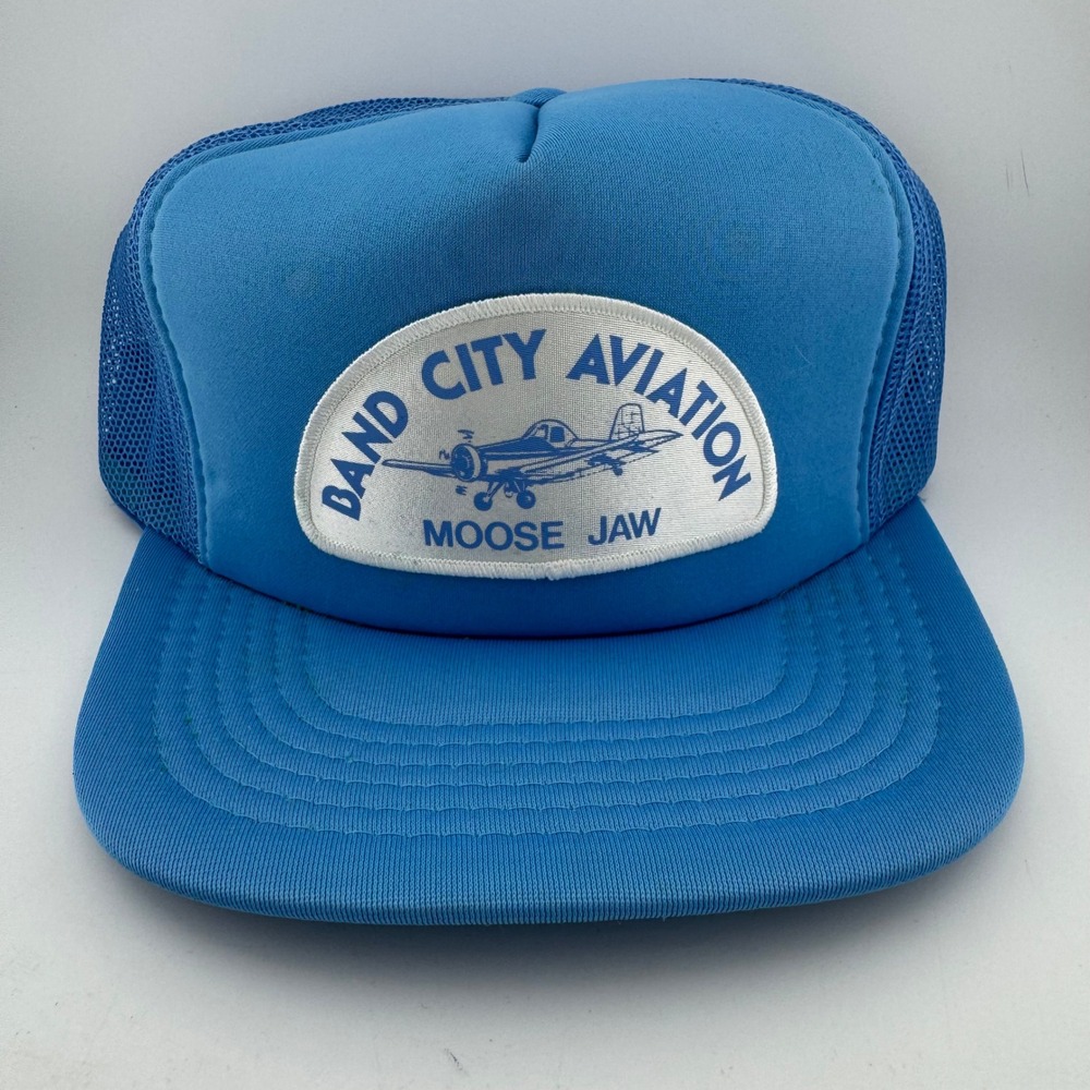 Vintage Band City Aviation Moose Jaw Trucker Hat OS Blue Snapback Mesh Cap